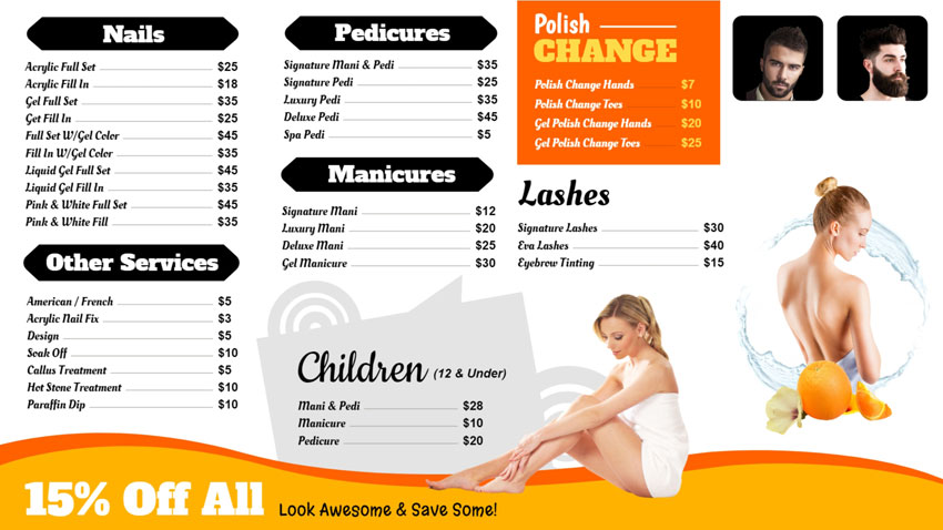 Orange and black salon signage template for salon and increase your business.