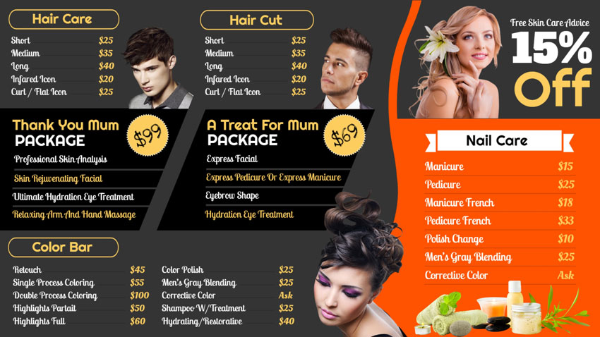 Hair cutting signage template for salon.